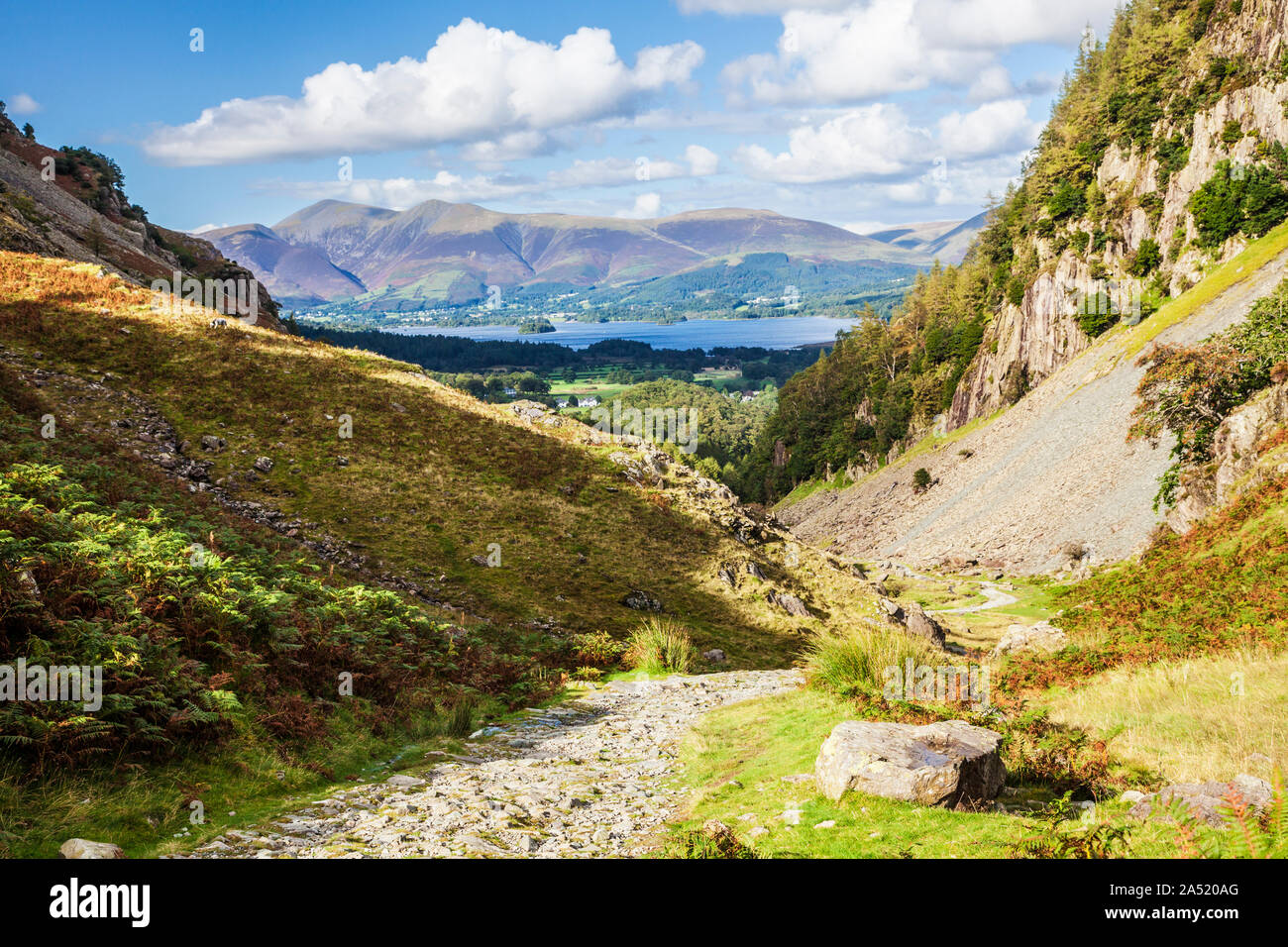 View over Derwent Water and Skiddaw from Borrowdale in the Lake District National Park, Cumbria. Stock Photo