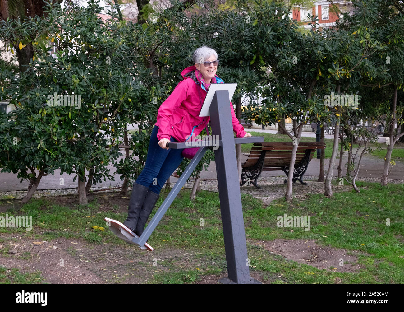 Exercise stations in public park. Free outdoor gym. Close up