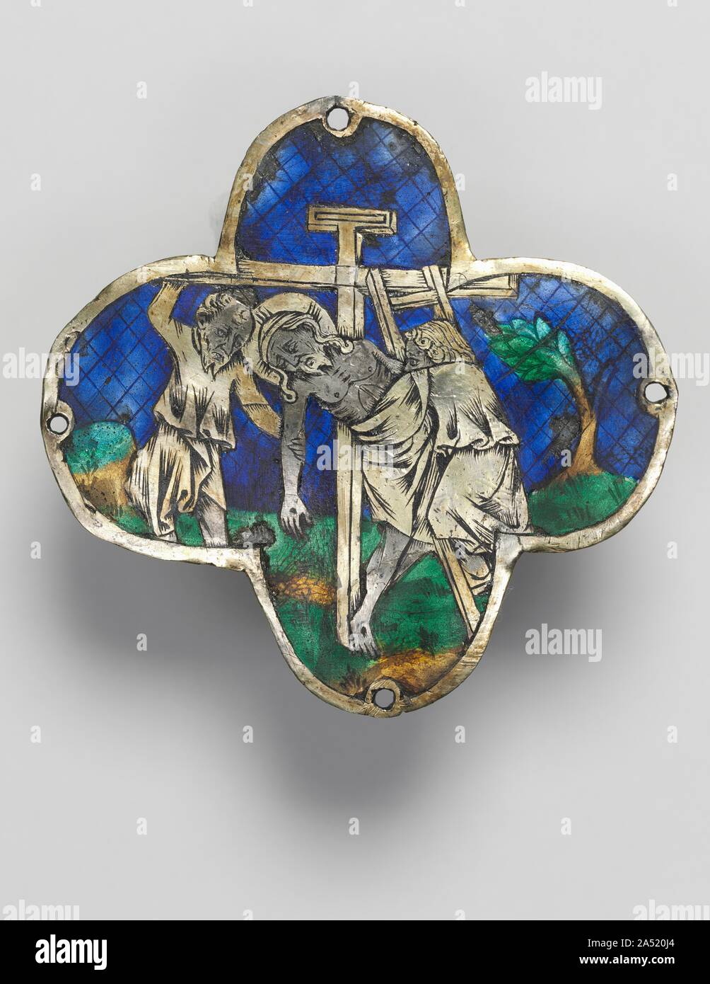 Quatrilobed Plaque: The Descent from the Cross, c. 1350-1400. These plaques were probably originally placed at the end of the arms of a processional cross. They are decorated in an enameling technique called basse-taille in which colourful translucent enamel pastes are fused over an engraved and chased silver plaque. Stock Photo