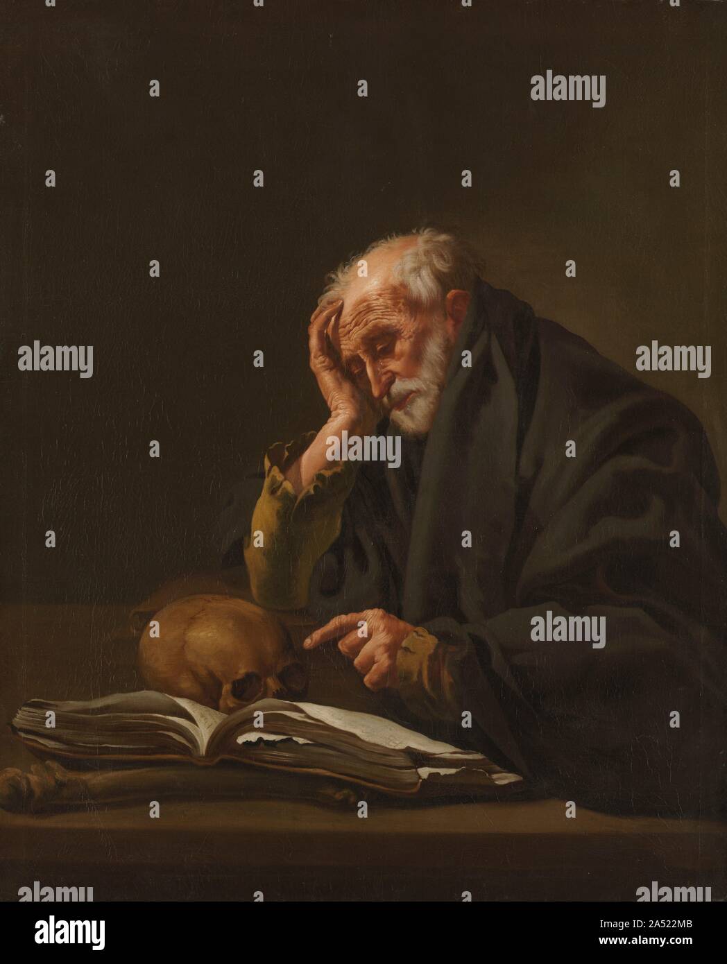 Saint Jerome, c. 1621. Not all subjects are easy to identify. This museum long thought that the subject was the Greek philosopher Heraclitus, largely because tears are part of the standard representation of this ancient thinker. However, ter Brugghen omits the other crucial key to identifying Heraclitus--a globe over which he weeps. Instead, the book and skull indicate that the figure is Saint Jerome, known for translating the Bible into Latin. The artist probably chose to show Jerome crying to intensify his penitence. Stock Photo