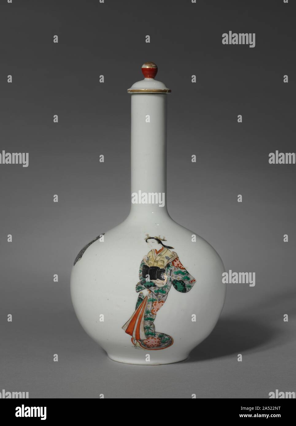 Sake Bottle with Three Figures: Arita Ware, Ko Imari Type, late 1700s. The bottle features three elegantly drawn figures: a beautiful woman, a young man, and a priest. The artist used a fine-haired brush to draw these figures in coloured enamel onto the porcelain bottle, which had already been given a clear glaze. A final firing fused the enamel to the form. The name derives from the port of Imari from where Japanese porcelains were shipped to other cities in Japan, China, and Europe. Stock Photo