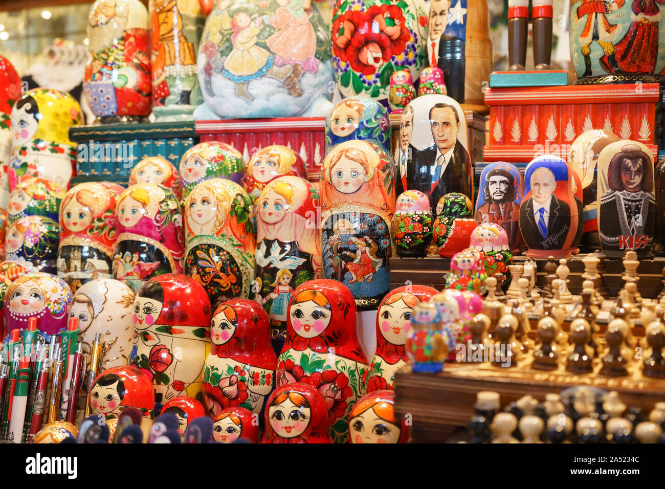 Budapest, Hungary - Oct 14, 2019: Matryoshka dolls and other souvenirs in the Central Market, Budapest, Hungary. Stock Photo