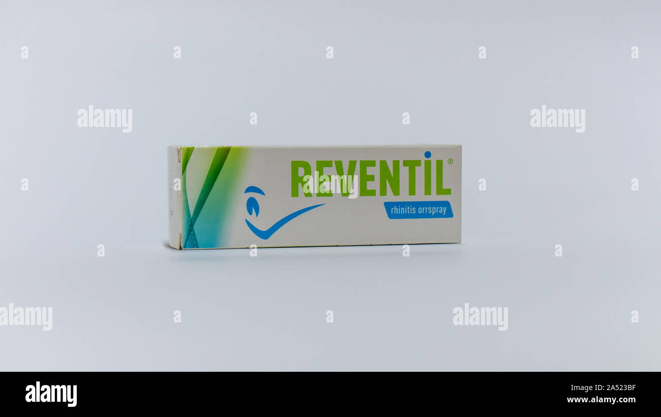 Nagybajcs, Hungary 09.18.2019 Reventil nasal spray. Isolated on white background Stock Photo