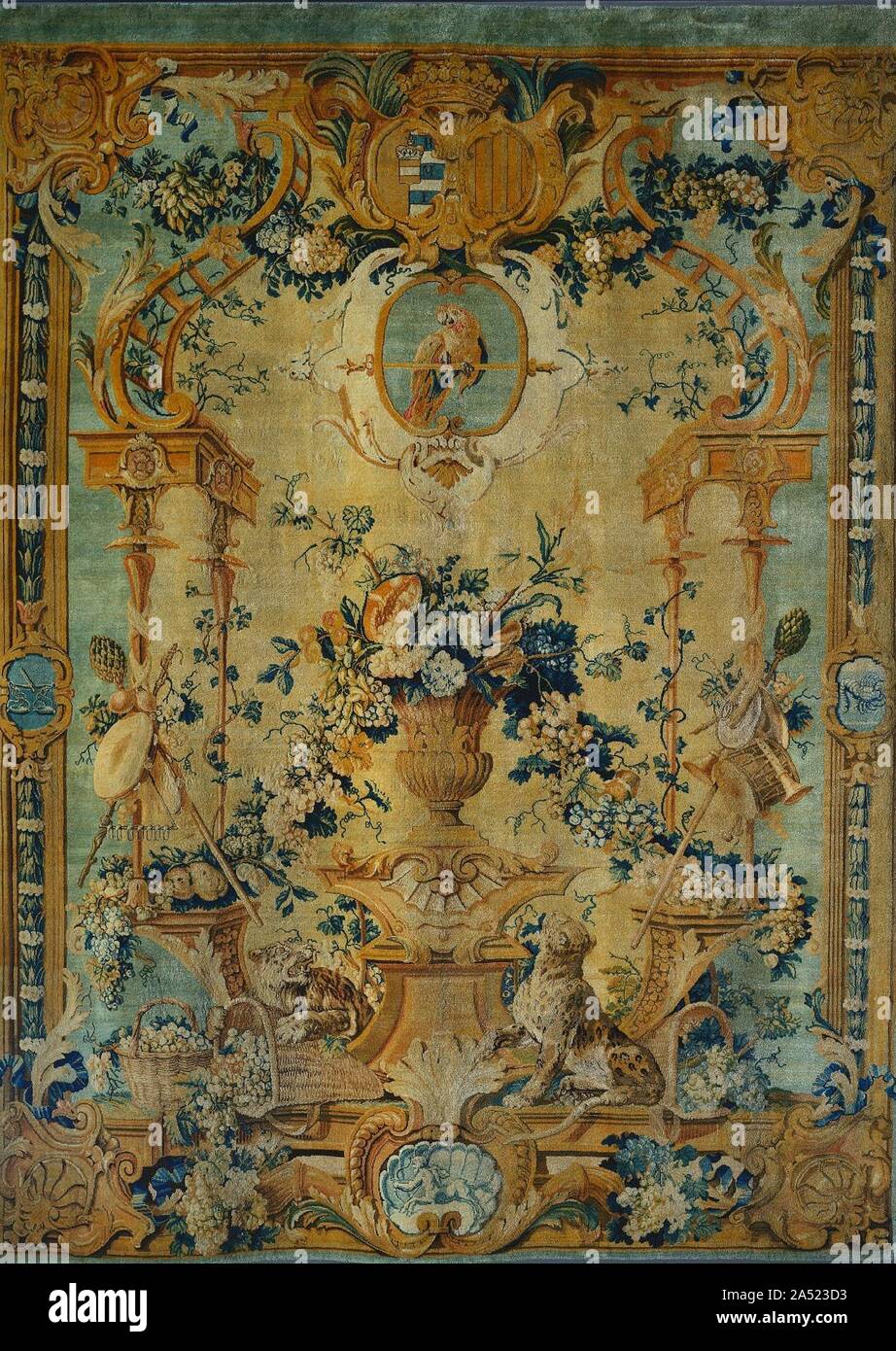 Savonnerie Panel: Autumn, c. 1717. Courtiers and aristocrats anxious to model their lifestyles on the king also commissioned works from the same state manufactories that produced tapestries, carpets, and upholstery for the French monarchy. Established in the early 1600s, the Savonnerie factory provided both domestic furnishings for the king&#x2019;s palaces and diplomatic gifts for foreign heads of state. The double coat   of arms in this tapestry suggests that it was made fora count and countess who married in 1717. One of a group of four tapestries depicting the seasons, this work depicts th Stock Photo