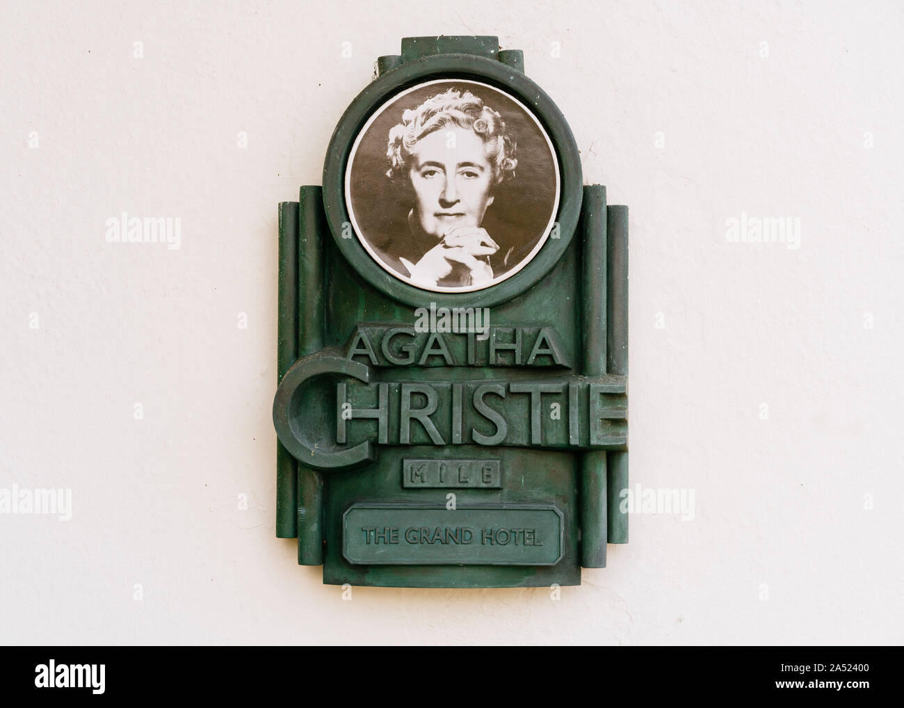 A memorial plaque outside The Grand Hotel, Torquay, where Agatha Christie spent her honeymoon in 1914. Stock Photo