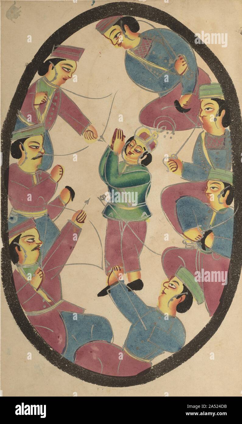 Seven Heroes or Warriors Killing Abhimanya, Son of Arjuna, 1800s. Abhimanyu (son of Arjuna and Subhadra, nephew of Krishna) is a tragic figure from the epic Mahabharata (The Great History of the Descendants of Bharat). As a fetus in his mother&#x2019;s womb he hears how to penetrate the Chakravyuha, a circular pattern of troops, from his father Arjuna who is talking with his mother Subhadra. Noticing that Subhadra is asleep, Arjuna stops speaking and does not explain to her how to escape after attacking it. Abhimanyu thus only has partial knowledge. Here he is depicted as surrounded in the Cha Stock Photo
