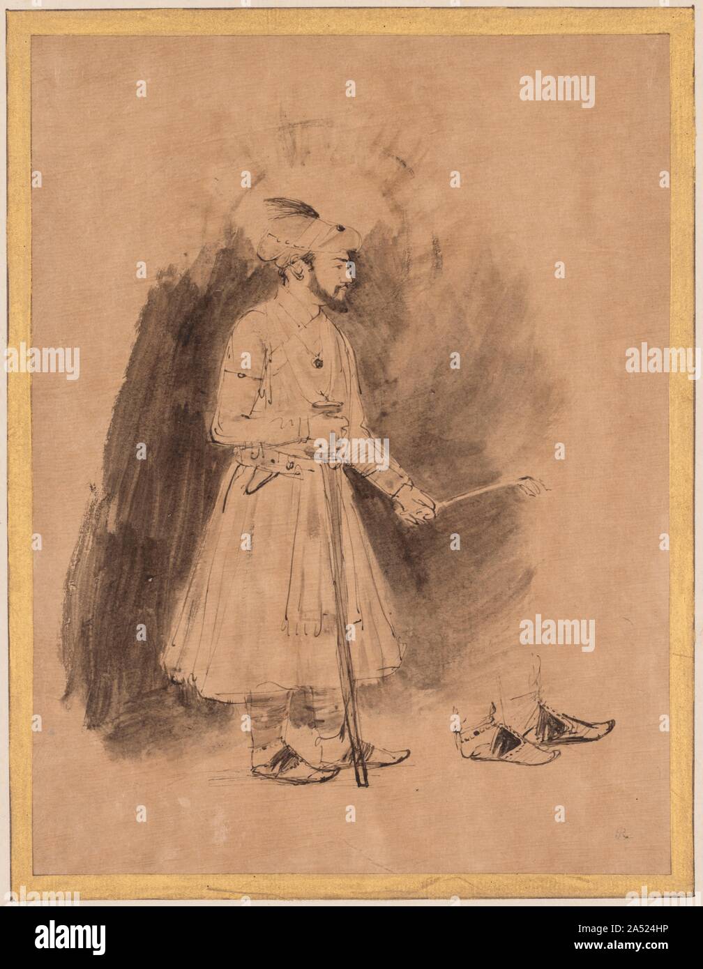 Shah Jahan, c. 1656-1661. Rembrandt drew a number of copies after Indian miniature paintings, and he based this sheet on a contemporary work of the Mughal school showing the emperor Shah Jahan (ruled 1628-58). The technique of this work is especially interesting because the artist used a Japanese paper, whose surface absorbs the ink in a very different way from traditional Western papers. Stock Photo
