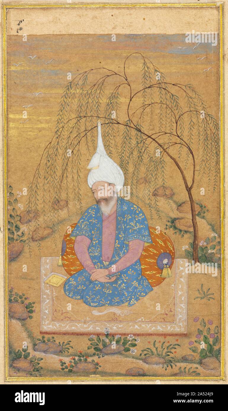 Shah Tahmasp I (1514-1576) Seated in a Landscape, c. 1575. Shah Tahmasp I, the second ruler of Iran&#x2019;s Safavid dynasty, is shown kneeling pensively on a carpet under a willow on the banks of a stream, a book at his side. The luxurious fabrics of his robe and his bolster pillow, with sprigs and cloud motifs in gold, indicate his wealth and privilege. Even the fine white cloth of his turban is edged in gold, topped by a small cluster of jewels. Stock Photo