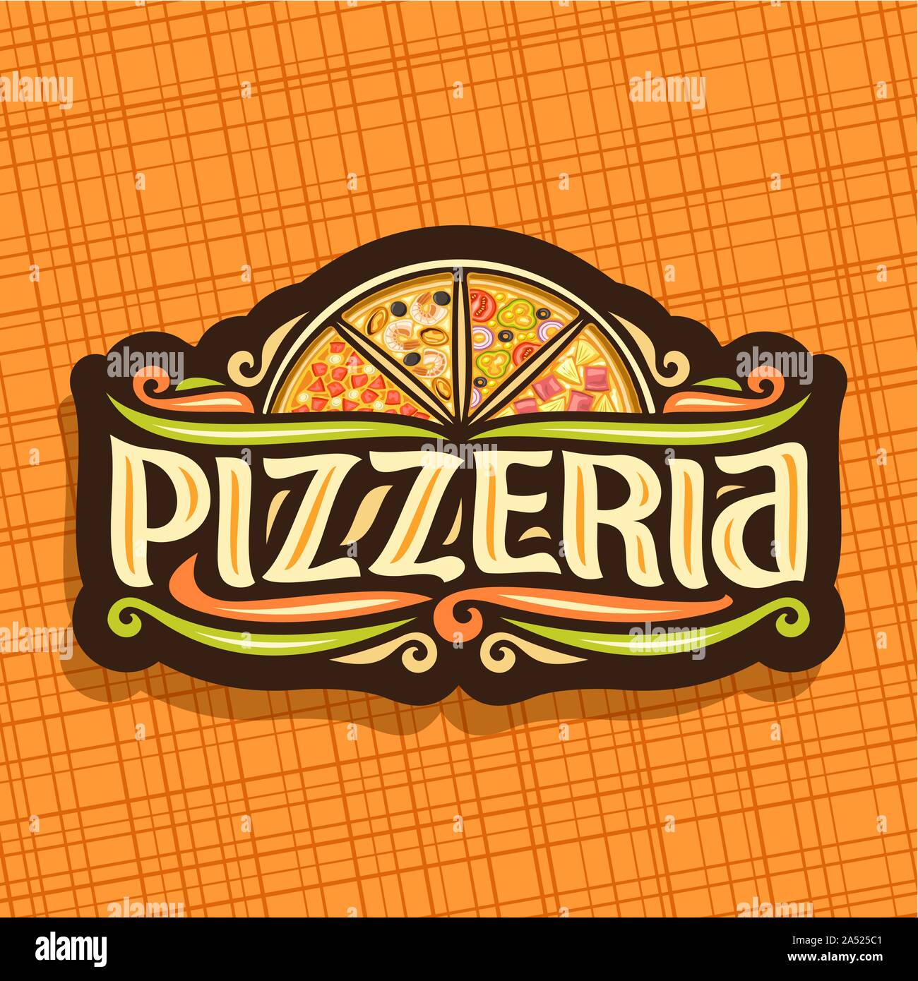 Vector logo for Italian Pizzeria, dark signboard for pizzeria with 4 sliced pieces different kinds of oven pizza top view, original typeface for word Stock Vector