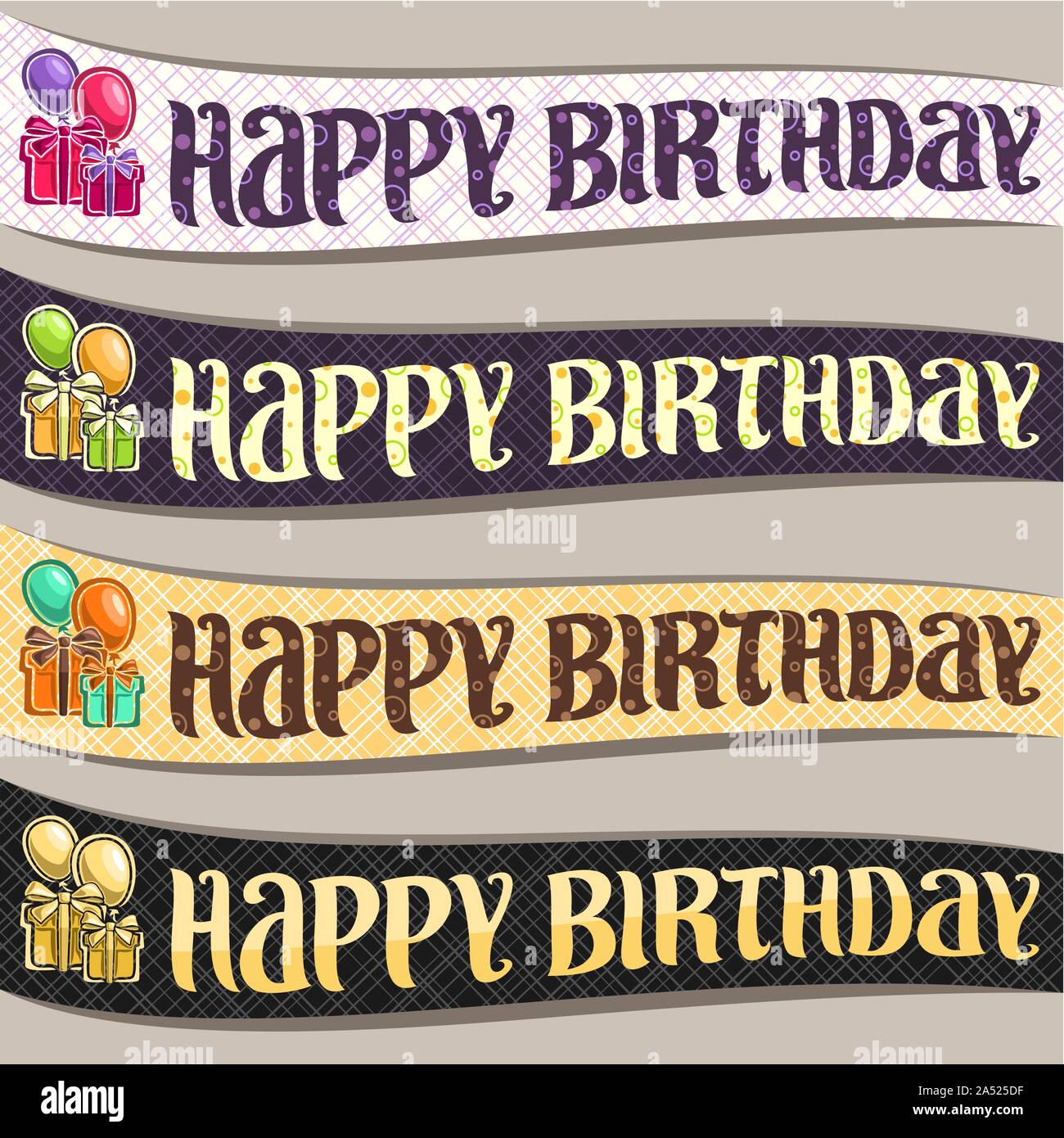 Vector set of Birthday ribbons, 4 curved banners with colorful gift boxes and balloons for anniversary holiday, original brush typeface for greeting t Stock Vector