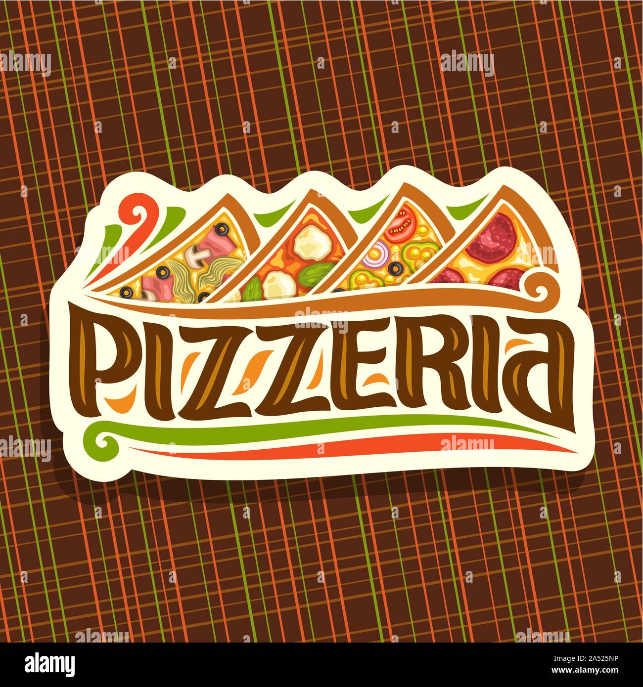 Vector logo for Italian Pizzeria, cut paper signboard for pizzeria with 4 sliced pieces different kinds of pizza above in a row, original typeface for Stock Vector