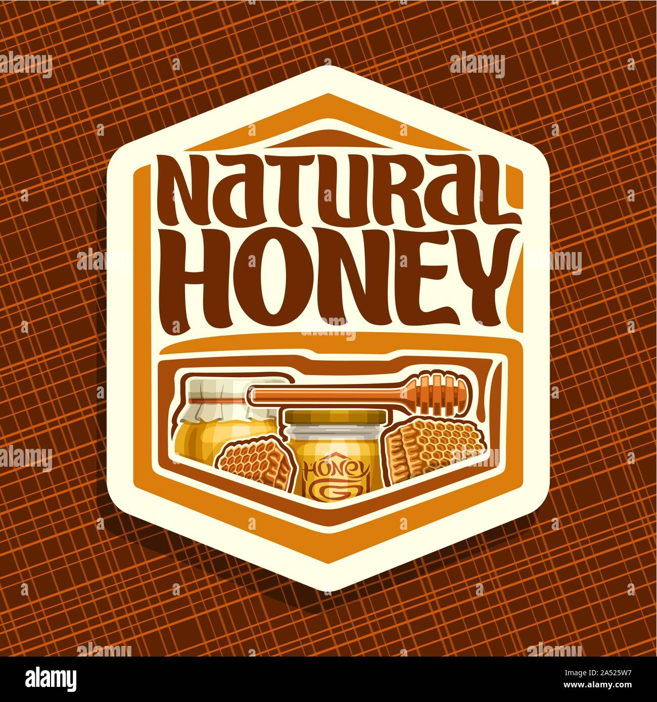 Vector logo for Natural Honey, hexagonal sign with beeswax
