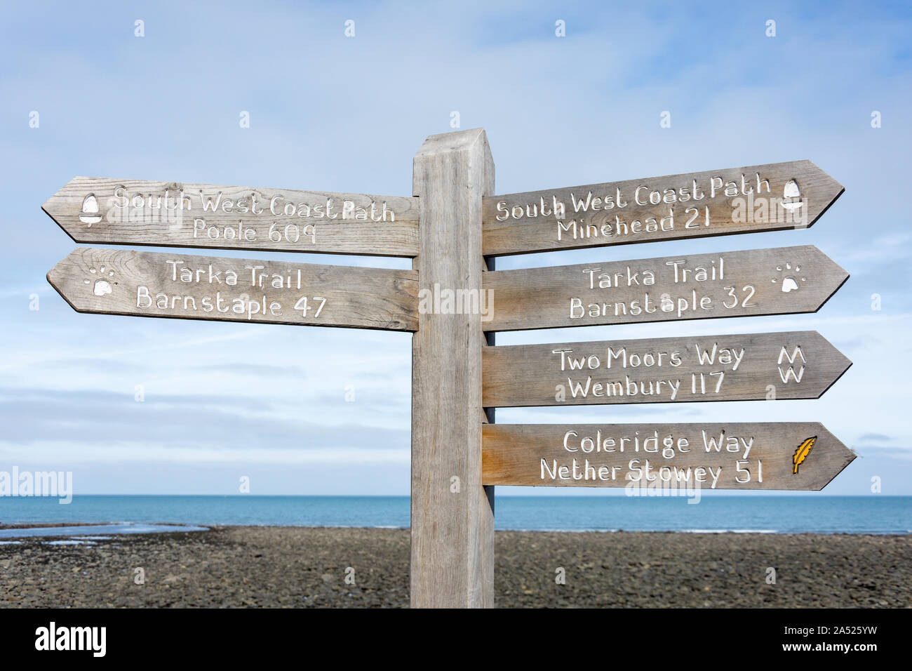 Tarka Trail and coastal path sign, Harbourside, Lynmouth, Devon, England, United Kingdom Stock Photo