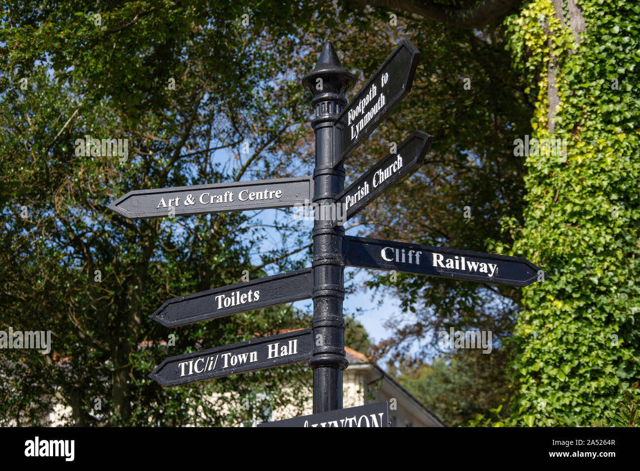 Town attractions signpost, Lynton, Devon, England, United Kingdom Stock Photo