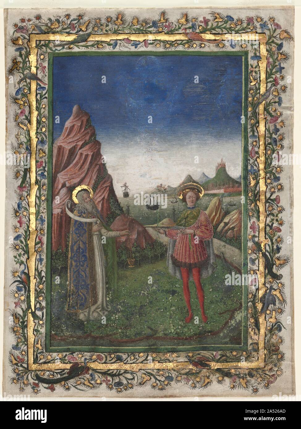 Single Leaf from a Missal: Two Male Saints, late 1400s. Stock Photo