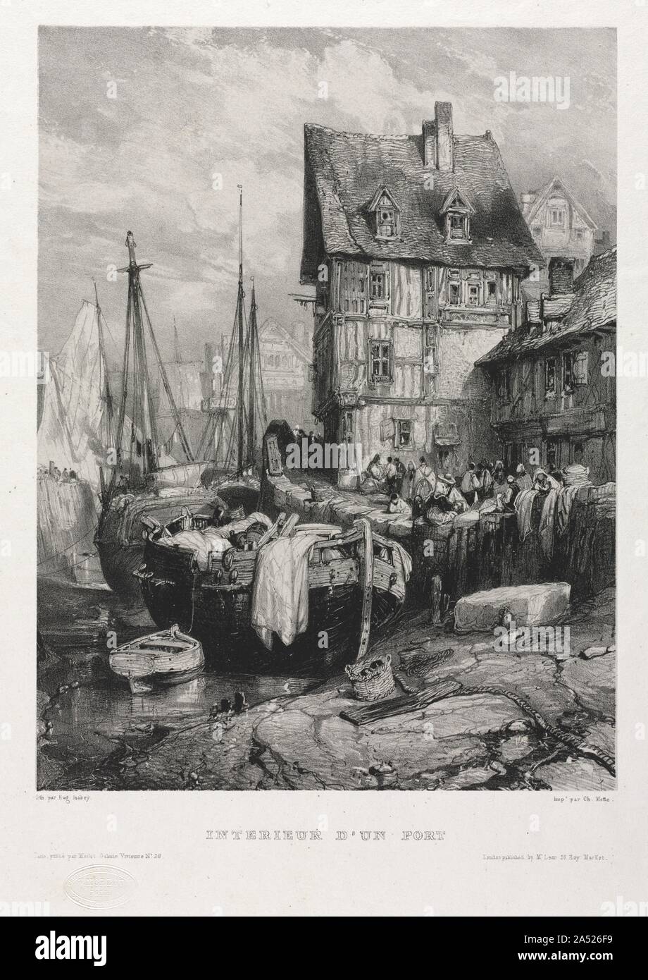 Six Marines: Interior of a Port, 1833. Lithography proliferated rapidly in France so that by 1838 there were some 300 lithographic printing establishments in Paris alone. It became the most popular printmaking technique because lithographs could be printed relatively cheaply and easily in large editions. The technique was suitable for artists working in a variety of styles; its versatility can be used for spontaneous, rapid execution. Here Isabey exploited the ability of lithography to achieve diverse tones, from rich black to any shade of gray. The pale paper was utilized for highlights. The Stock Photo