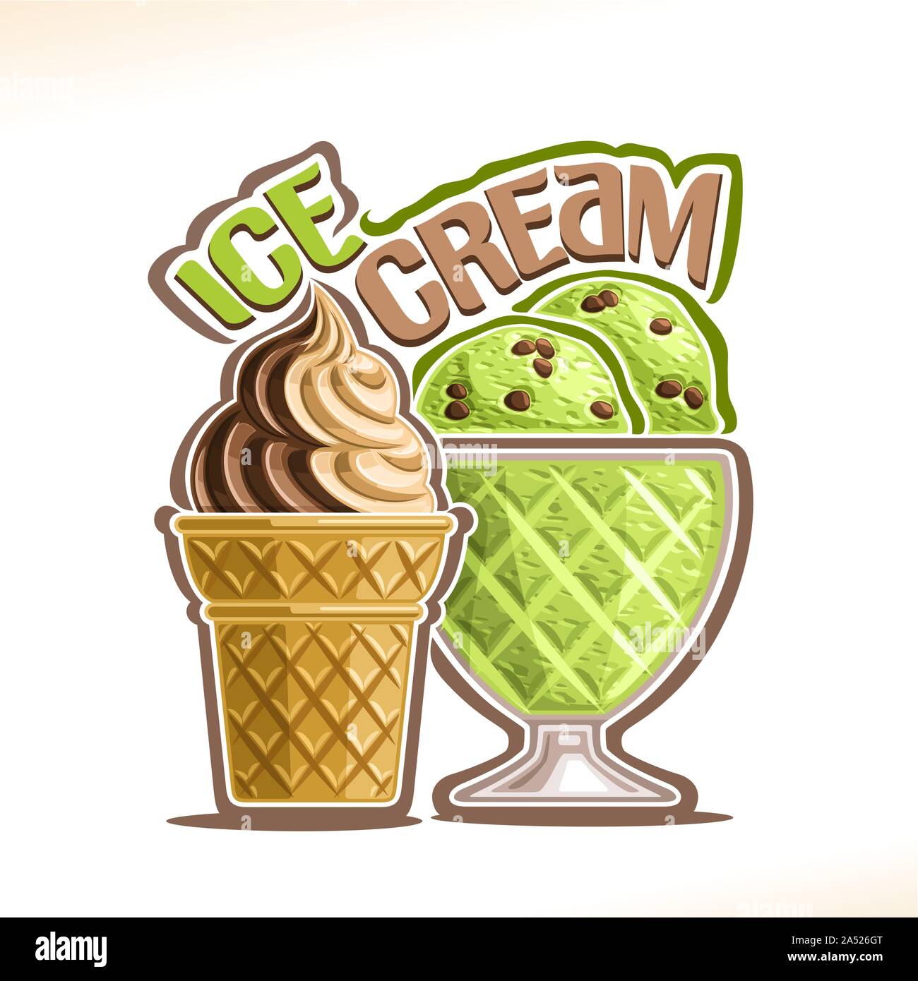 Vector illustration of natural Ice Cream, poster with soft serve creamy chocolate icecream in waffle cone, green mint italian gelato with choco chips Stock Vector