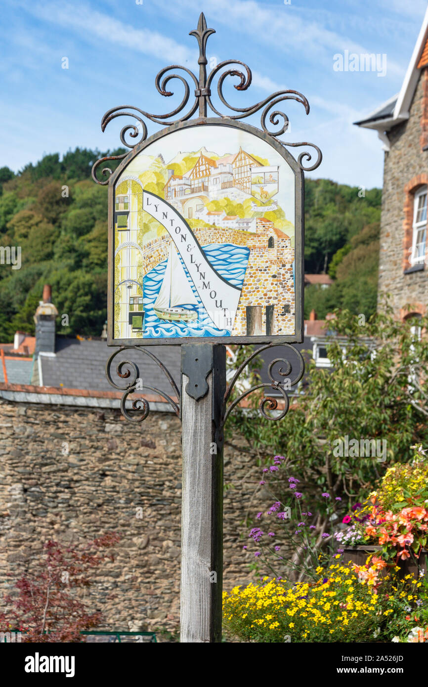 Town sign, Castle Hill, Lynton, Devon, England, United Kingdom Stock Photo