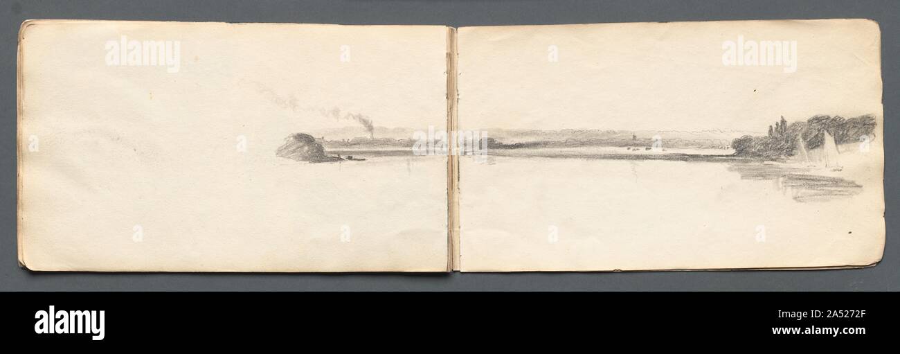 Sketchbook: &quot;Landscape with Sailboats&quot;, 1814. John Ruskin (also in this gallery) admired Prout&#x2019;s strength as a draftsman. Like the topographical watercolourists of the 18th century, Prout emphasized form over colour in his watercolours, as is evident in the monochromatic, delicate English views in this sketchbook. Stock Photo