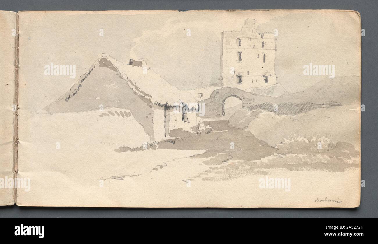 Sketchbook: Norham, 1814. John Ruskin (also in this gallery) admired Prout&#x2019;s strength as a draftsman. Like the topographical watercolourists of the 18th century, Prout emphasized form over colour in his watercolours, as is evident in the monochromatic, delicate English views in this sketchbook. Stock Photo