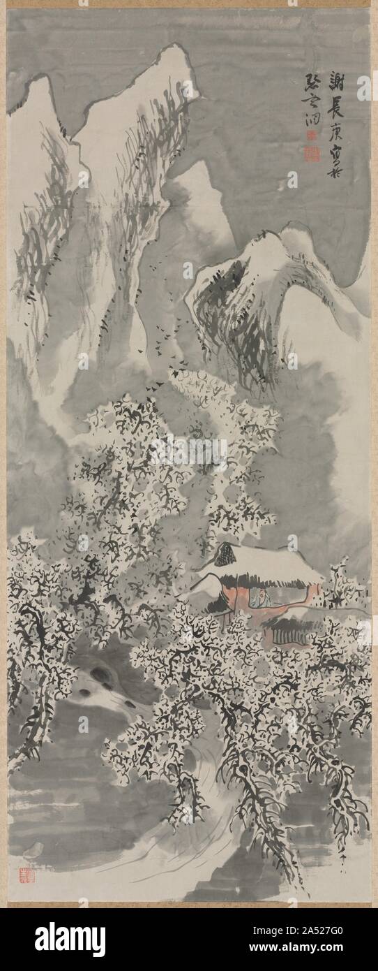 Snow Landscape, c. 1770s. Buson is recognized in Japanese literary history as one of the country's greatest poets. He was also an accomplished painter who revolutionized the 18th-century &quot;scholar-painting&quot; school by introducing new subject matter and a more personalized brush style. Like most literati painters who were schooled in the Chinese classics, his early paintings invariably depicted historical subjects in a precise manner. By the 1770s, however, he developed a looser, more expressive brush manner distinctly his own. Although undated, the painting's exuberant style suggests t Stock Photo