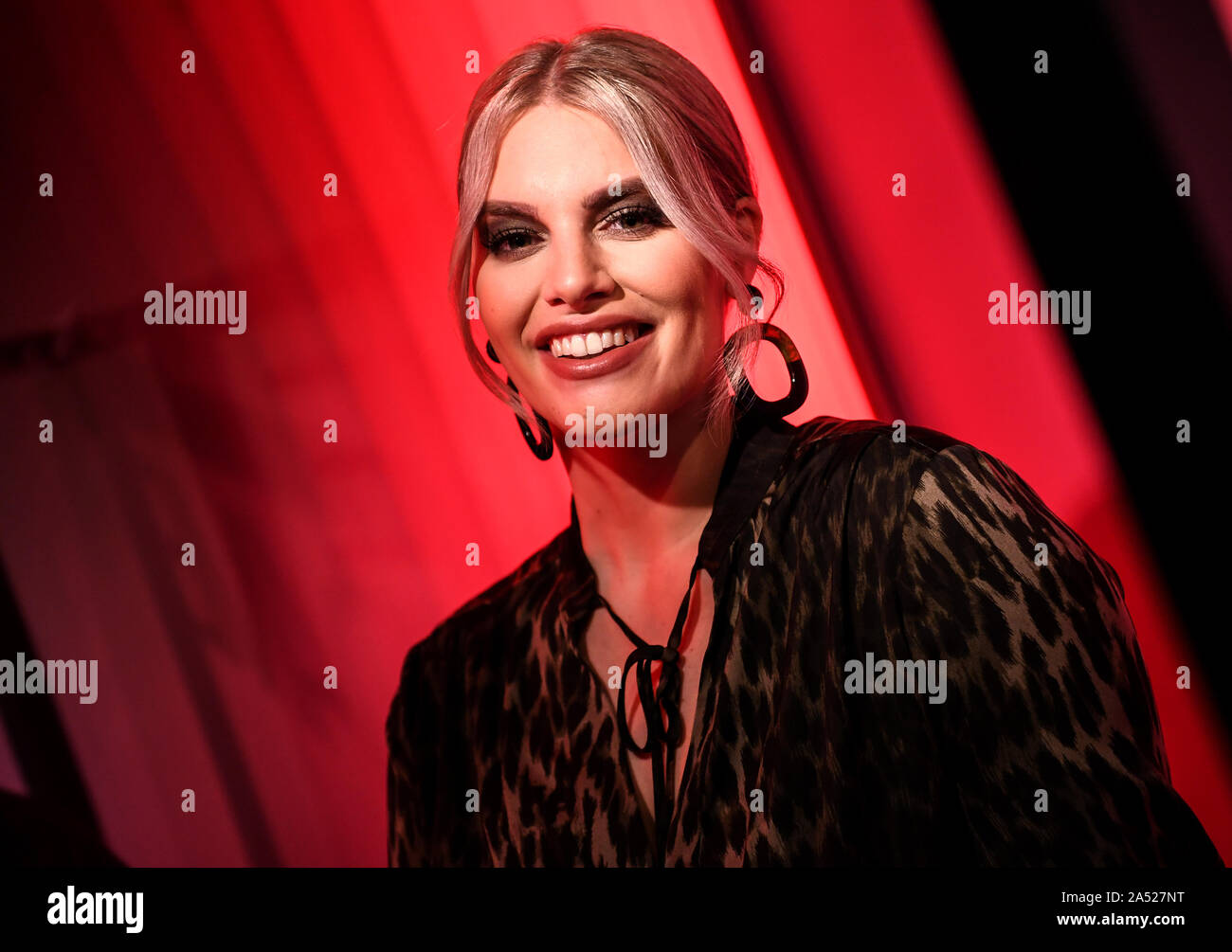 17 October 2019, Berlin: Plus-size model and presenter Angelina Kirsch at  the opening of the new fashion section at Madame Tussauds Berlin. Photo:  Britta Pedersen/dpa-Zentralbild/dpa Stock Photo - Alamy
