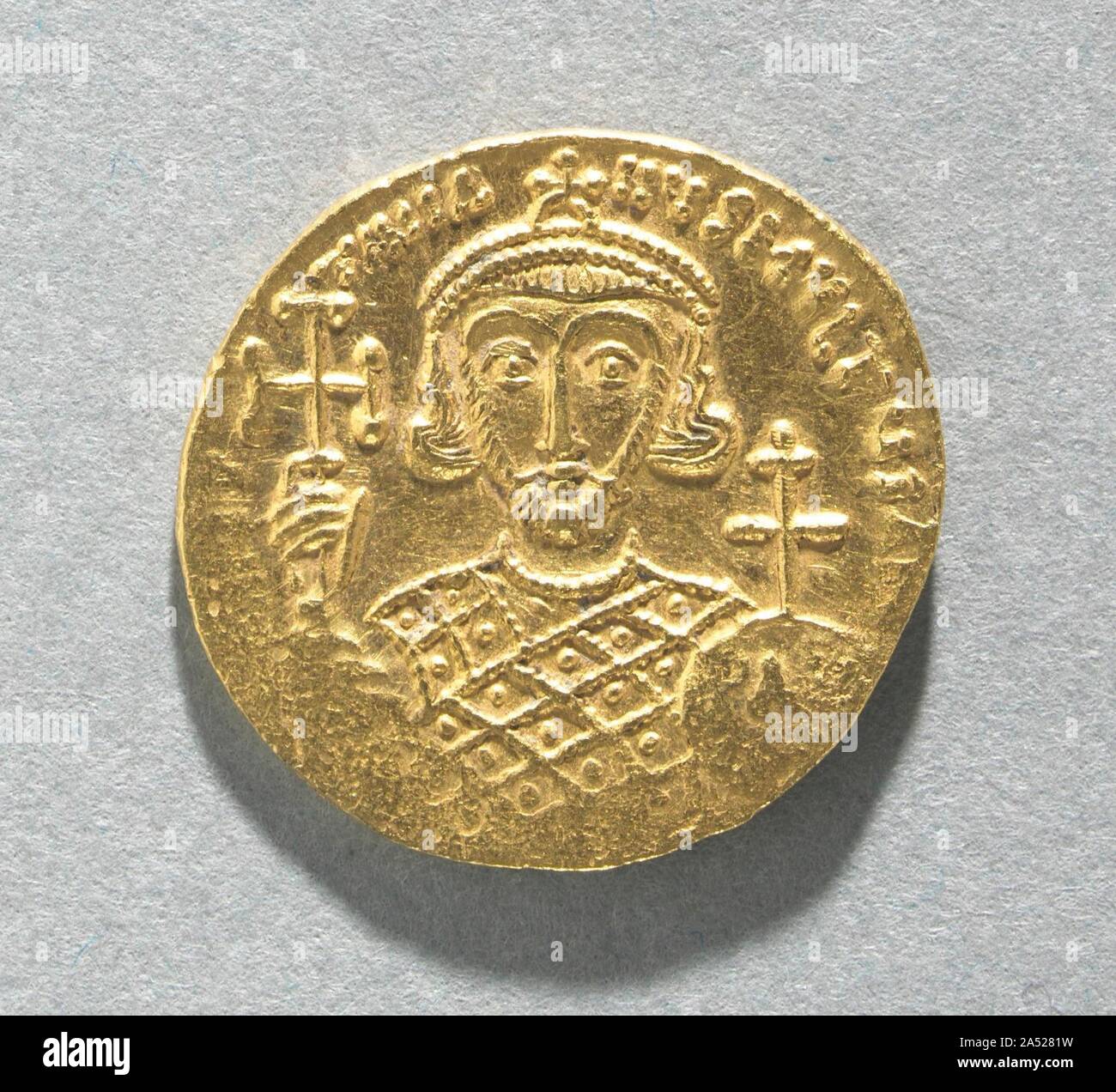 Solidus with Bust of Justinian II (reverse), 705 AD. Byzantine Gold Coins The vast number of surviving Byzantine coins attests to the level of trade across the empire. Controlled and supervised by the emperor, the producers of coins took care to represent his authority and reflect his stature. Talented artists were recruited to engrave the dies (molds) used for the striking of coins. Emperors increasingly came to include their heirs and co-emperors on their coinage, as well as other family members or even earlier rulers. Coins were recognized, then as now, as small, portable works of art. With Stock Photo