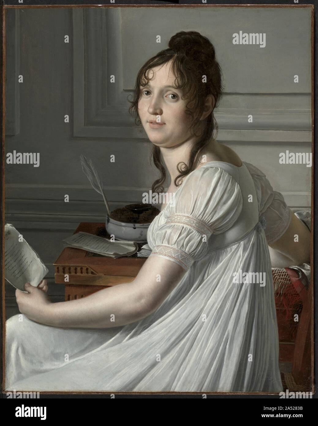 Sophie Crouzet, c. 1801. The sitter's dress deliberately evokes ancient Roman costume. However, the white muslin and straightforward cut also derives from earlier English fashions that favored simplicity in contrast to the elaborate, colourful clothing favored earlier in the 1700s. The transparency of her dress also carries political and cultural meaning: during the French Revolution in 1789, costume began to signify political allegiance, a sign of the character of the person who wore it. For women, transparency became increasingly literal, as in the sheer fabric worn by Crouzet, who came from Stock Photo