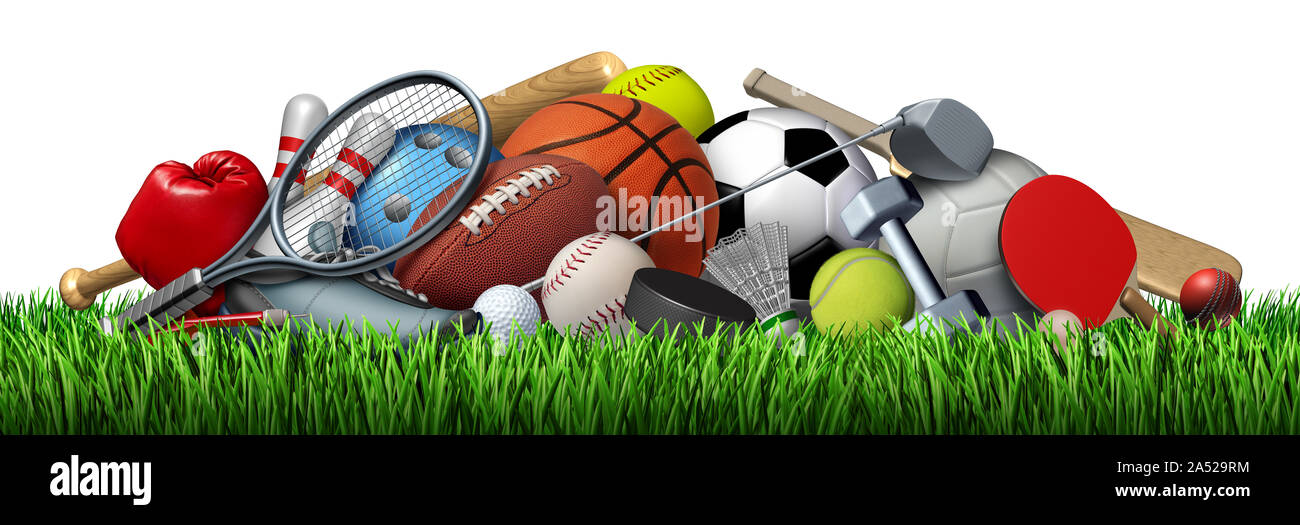 Sports equipment and sport objects with a football basketball baseball soccer tennis and golf ball and badminton hockey puck as recreation. Stock Photo