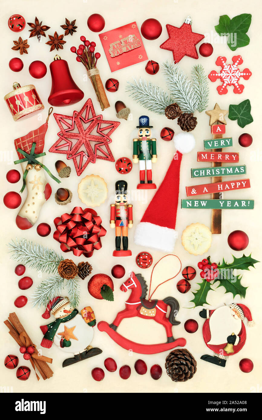 Retro Christmas Tree Decorations With A Selection Of Baubles Food Symbols And Winter Flora On Cream Background Stock Photo Alamy