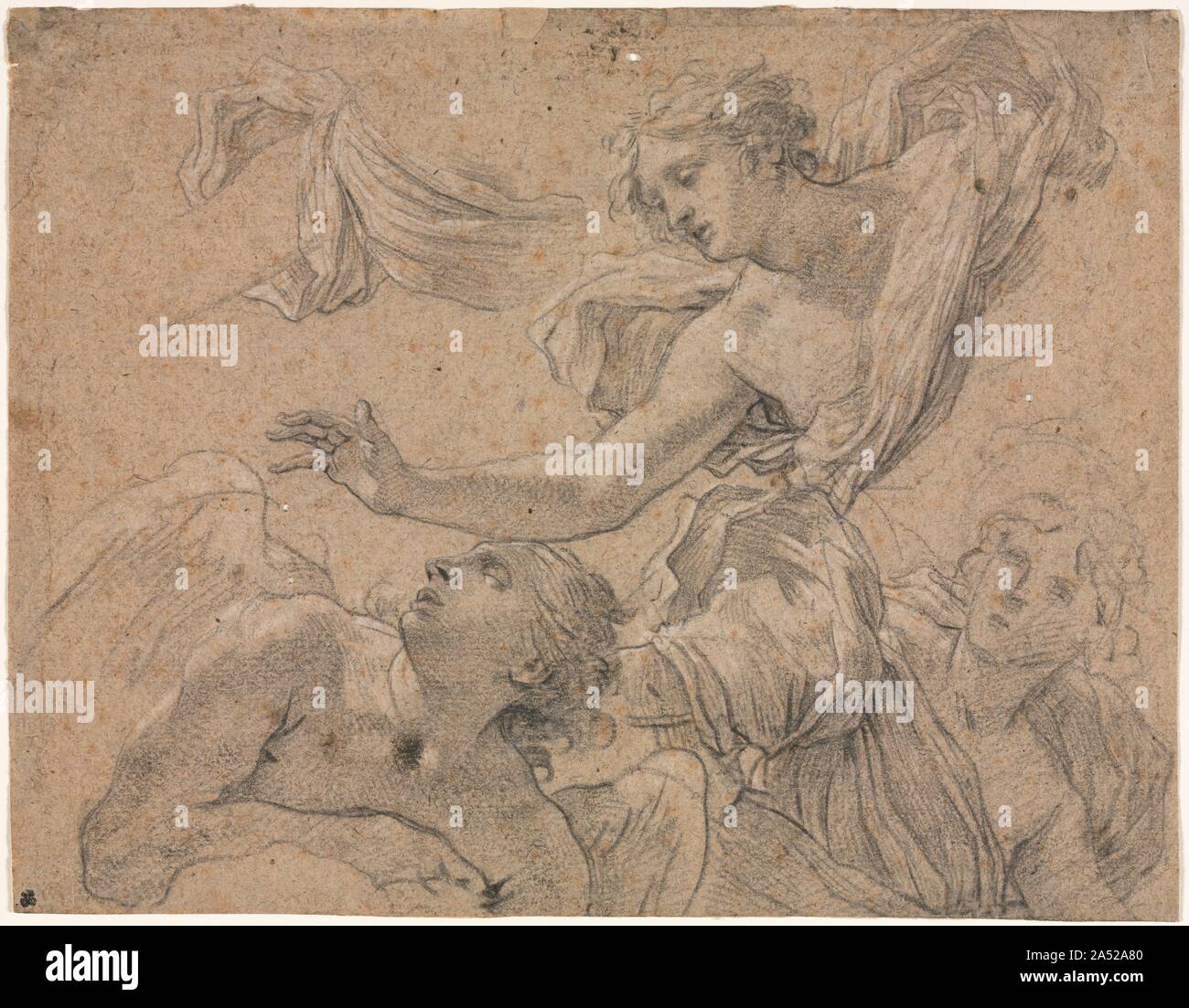 Studies of Angels (recto); Panthea before Cyrus? (verso), 1655-1660?. Dorigny was the collaborator and son-in-law of Simon Vouet, the leading painter working in Paris in the mid-1600s. Their drawing styles are similar, and this sheet was once attributed to Vouet. However, the airy, floating drapery, firm contour lines, and regular parallel hatching lines are all typical of Dorigny's technique in black chalk. Although we do not know of a painting to which this drawing relates, the flying angels indicate that Dorigny had a religious subject in mind when he drew them. Stock Photo