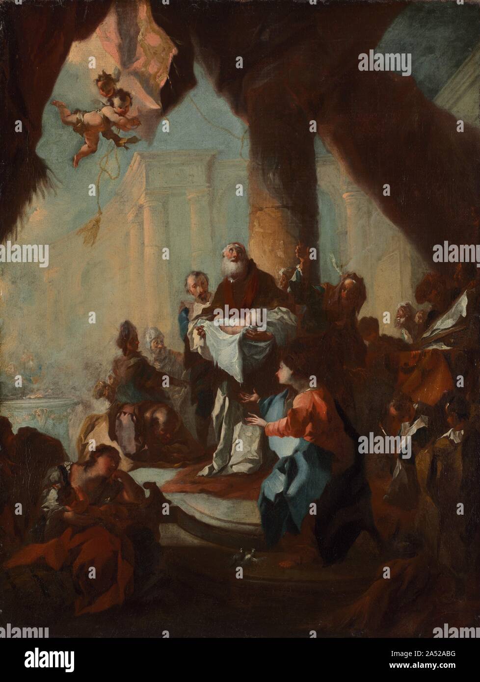 Study for &quot;The Presentation of Christ in the Temple&quot; (for Saint Ulrich, Vienna), c. 1750. This loosely painted sketch is the preliminary design for an altarpiece in the Church of Saint Ulrich, Vienna. Mary and Joseph have brought the infant Jesus to the temple to be inducted into the Jewish faith; the aged priest Simeon cradles the infant in his arms, turning his gaze to heaven as he realizes that he is holding the Son of God. Strong contrasts of light and shadow underscore the drama of the moment.   The frame is not original to this painting, but was made by an Austrian craftsman in Stock Photo