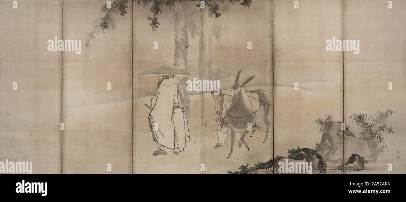 Su Shi (So Shoku) and Pan Lang (Han Ro), early 1600s. This pair of screens depicts episodes from the stories of famed Song-dynasty poets Su Shi of the 1000s and Zhou-dynasty official Pan Lang of the 900s. Both men were banished by their rulers for their perceived missteps. Su Shi&#x2019;s comments on a series of economic reforms were seen as criticism of the emperor. Pan Lang composed an ill-advised verse about one of the king&#x2019;s horses. In the left screen Pan rides backward on his donkey as he returns from exile so that he may have a last look at his now beloved Mount Hua. Su Shi, in th Stock Photo