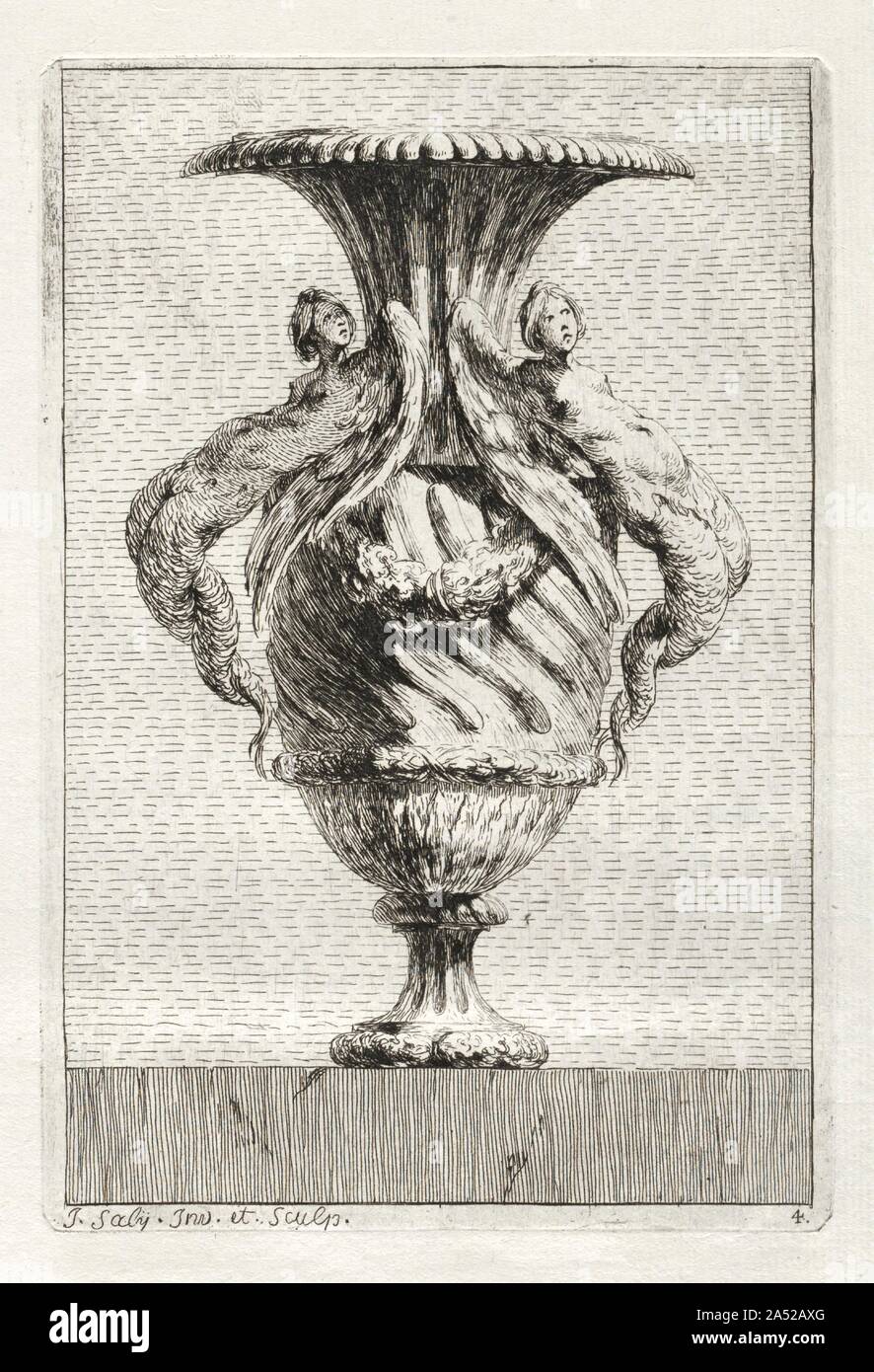Suite of Vases: Plate 4, 1746. Designing ornamental vases or urns was particularly popular during the mid-18th century since the only limit to the possibilities was the imagination of the artist. Saly, a sculptor by training, was a student at the French Academy in Rome from 1740 to 1746, at which time he published a set of 30 etchings. Saly began with basic antique vase forms but deviated from classical ornament to use a rich variety of fantastic creatures for embellishment. Stock Photo