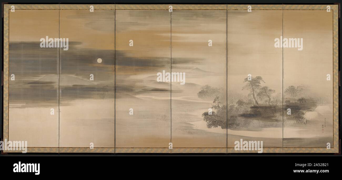 Summer Night; Winter Day, 1784. Okyo painted these panoramas in the summer of 1784. Regarded as Kyoto's most important painting teacher and accomplished artist, he had studied Western painting techniques, &quot;realistic&quot; sketching from nature, and traditional Japanese style painting (yamato-e). The naturalistic quality of these scenes results from a blend of detailed observation of nature and a remote, even detached regard for man's place in the world. Stock Photo