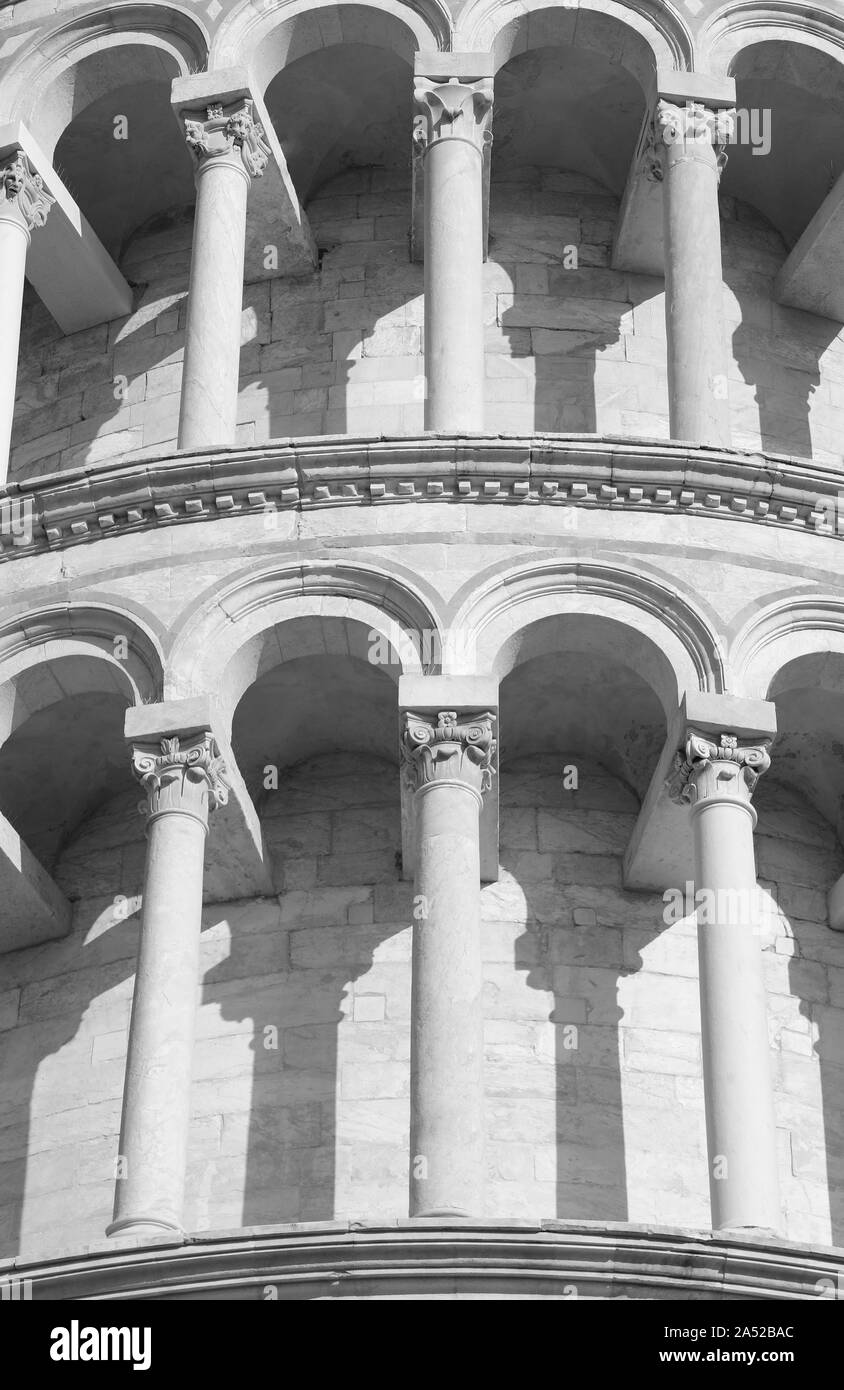 Detail of Leaning Tower of Pisa with black and white effect Stock Photo