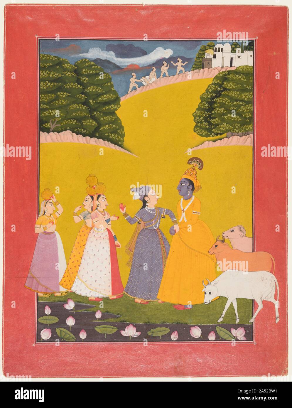 Taking of the Toll, Dana-lila, c. 1760. The god Krishna has stopped the cowherd women on their way to bring milk and yogurt to the Brahmin priests. He pretends that he is a landowner and is demanding a toll tax from the women. His lover Radha playfully raises her hand to smack him. Both Radha and Krishna wear conical headdresses associated with minority groups in the western Himalayas, which visually relocates them to Chamba where this painting was made. In the background herdsmen coax the cows to move along&#x2014;work that Krishna should be doing instead of flirting with the women. Stock Photo