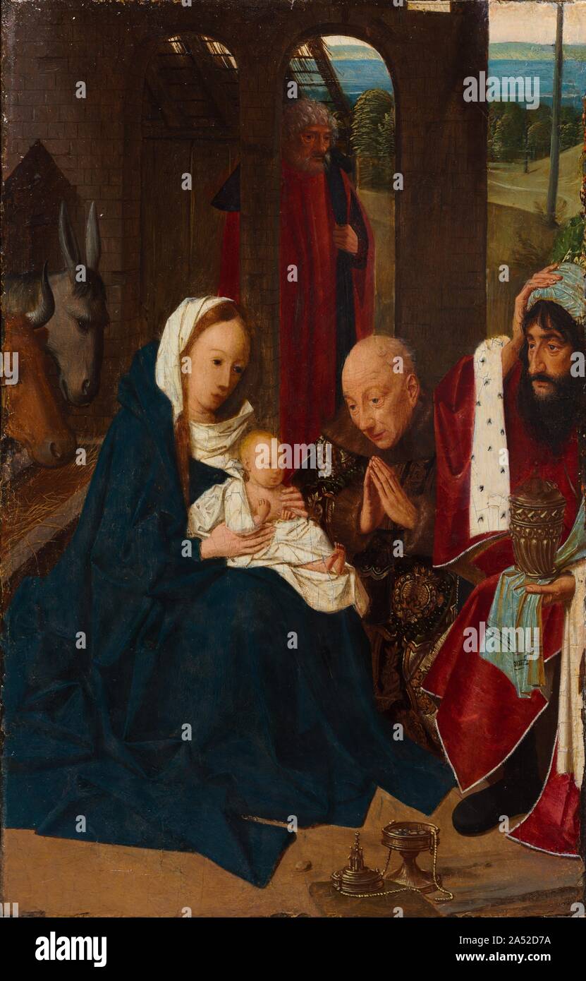 The Adoration of the Magi, 1480s. Little is known about the life and career of Sint Jans. He seems to have been born in Haarlem in Holland in the northern Low Countries where he may have been attached to the Knights of Saint John as a lay brother, and likely produced an altarpiece for that order. (His name seems to derive from his affiliation with the Knights of Saint John.) He died young in his late 20s. Between 12 and 16 paintings are attributed to him. The subjects tend to derive from the New Testament. The original context of this painting is not known. Stock Photo