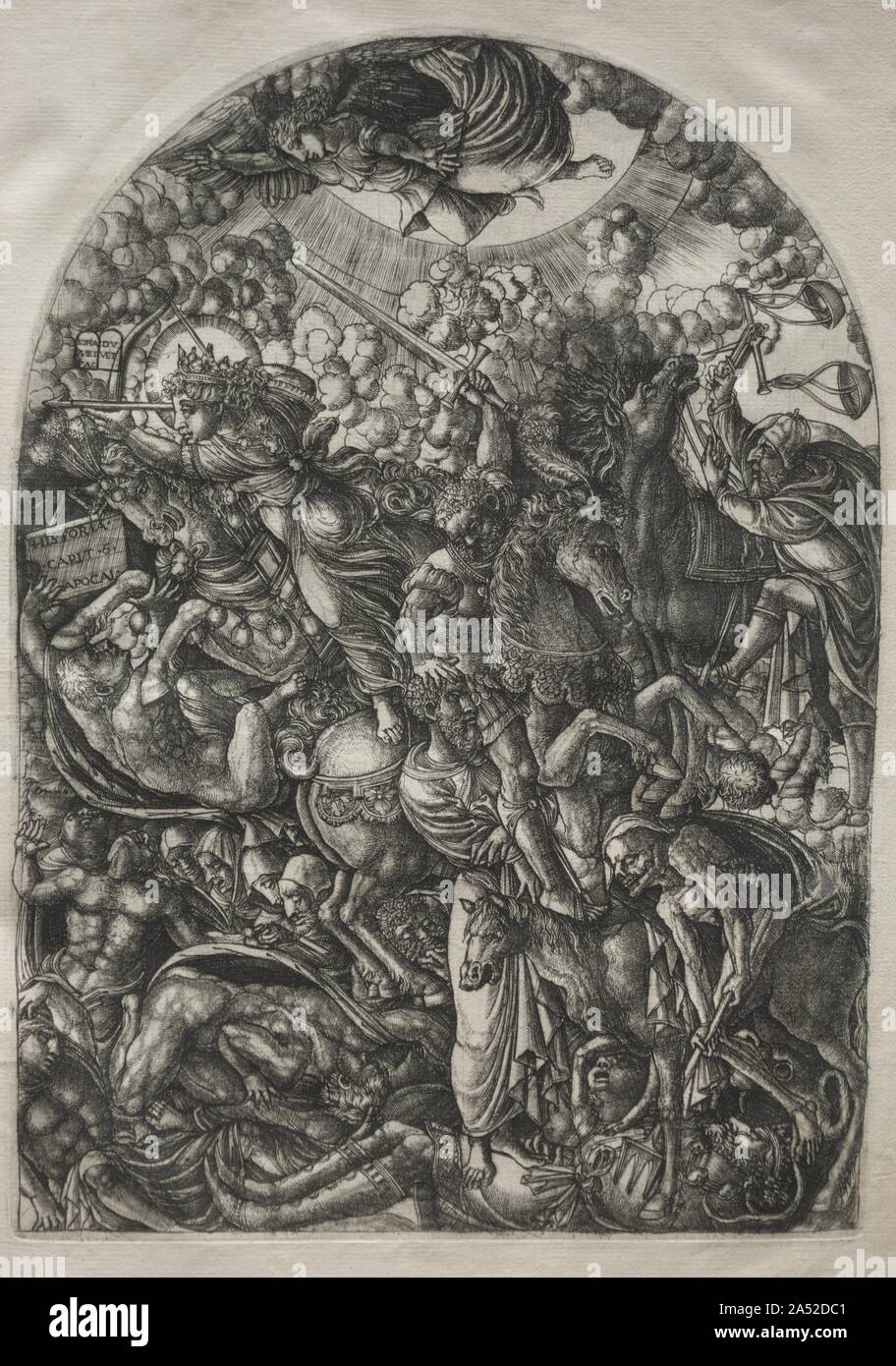 The Apocalypse: St. John Sees the Four Riders, 1546-1556. This print is part of a bound volume of works illustrating the a narrative of the Apocalypse, taken from the Revelation of Saint John in the Bible. The 23 engravings in the series occupied the artist for a number of years and represent his greatest artistic achievement. The museum's volume is one of only seven known complete sets. Jean Duvet was one of the first major printmakers in France and one of the most original artists of the 1500s. Although he worked mostly in the provincial city of Langres, he became aware of Italian art throug Stock Photo
