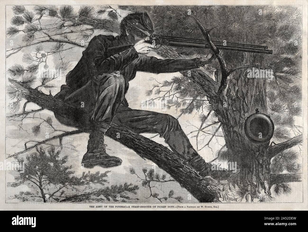 The Army of the Potomac - A Sharpshooter on Picket Duty, 1862. Although now most famous as a painter, Homer was also a graphic artist throughout his career and from 1857 provided illustrations for the New York-based Harper's Weekly. When the Civil War began in 1861, the magazine sent Homer to Virginia, where he made numerous drawings of the military. He seldom depicted actual fighting, instead candidly describing everyday camp life. The drawings were reproduced as wood engravings (professionals cut the blocks)-the technique used to reproduce illustrations in magazines and books before the deve Stock Photo