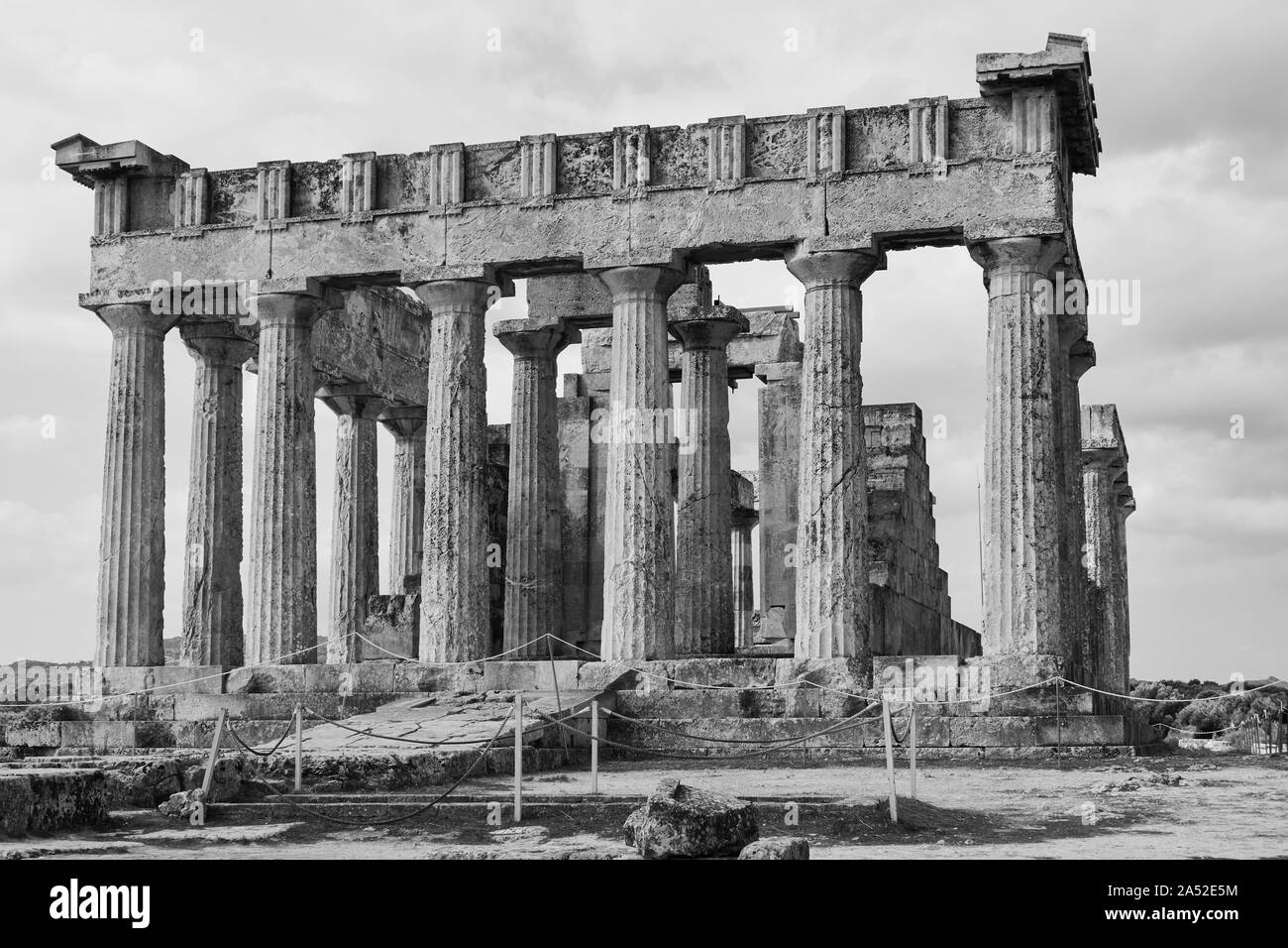 Ancient Temple of Aphaea in Aegina Island,  Greece. Black and white architecture shot Stock Photo