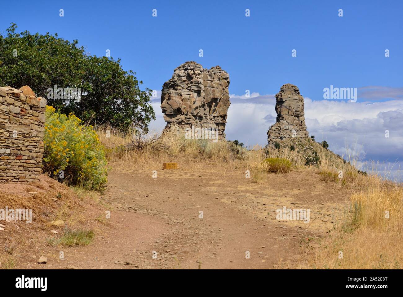 Chimney Rock and Companion Rock, Chacoan room block wall, Chimney Rock National Monument, CO 190911 61299 Stock Photo