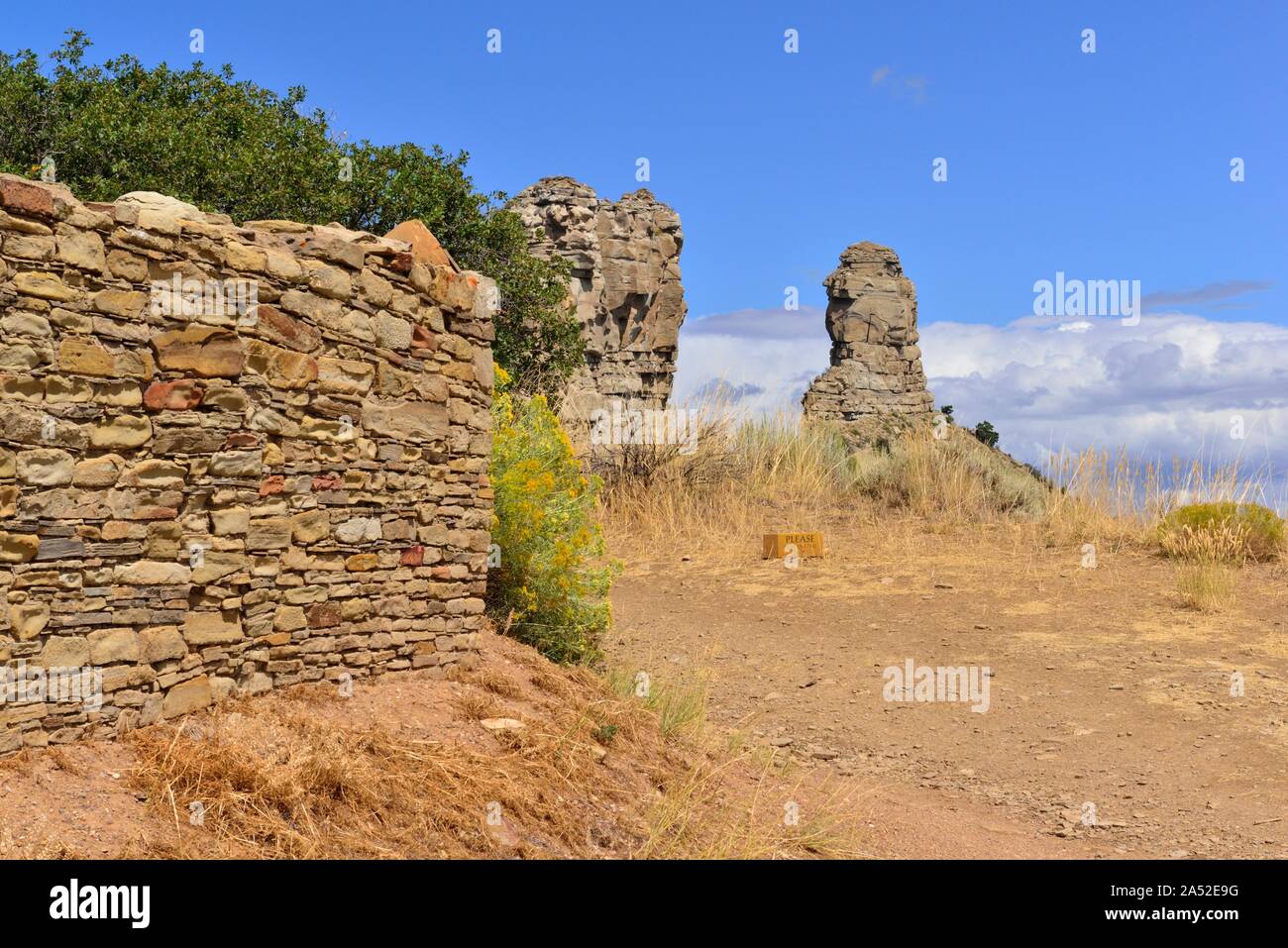 Chacoan room block wall, Chimney Rock and Companion Rock, Chimney Rock National Monument, CO 190911 61304 Stock Photo