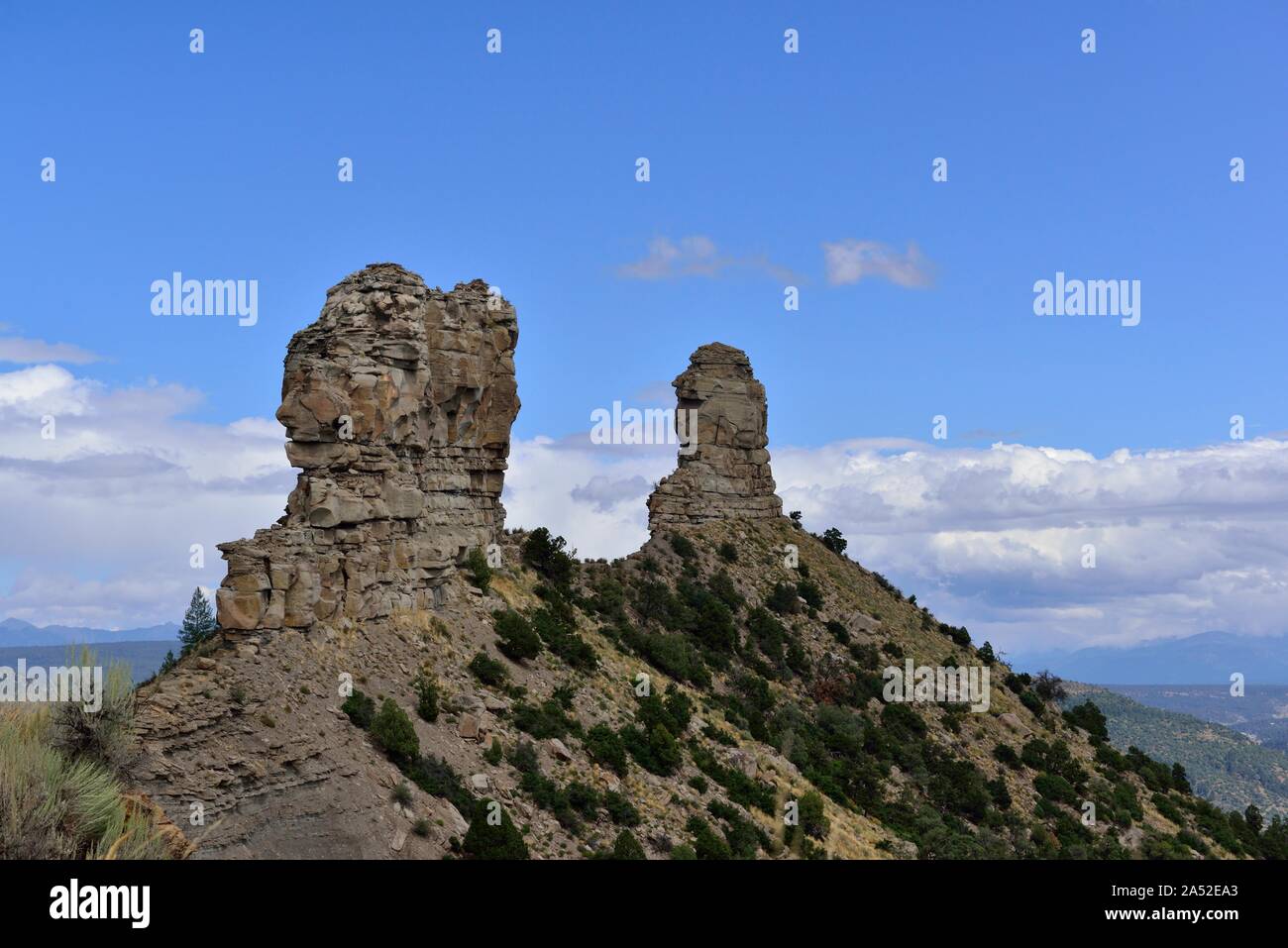 Chimney Rock and Companion Rock, Chimney Rock National Monument, CO 190911 61305 Stock Photo