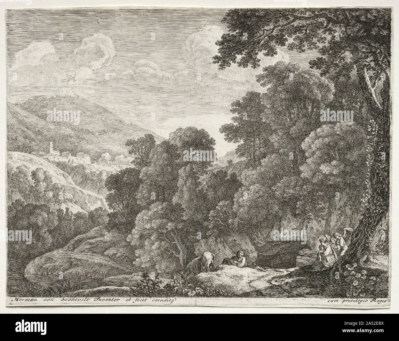 The Cave, c. 1652-1654. This series by Herman Swanevelt, The Flight into Egypt, illustrates an event from the New Testament of the Bible. Joseph, Mary, and Christ fled into Egypt to escape King Herod's persecution. Traditionally represented as a single image, Swanevelt enlarged the story into four scenes. The Holy family is first shown traveling with three angels behind them, then Joseph helps Mary off the donkey, next Joseph leads the donkey to water as Mary changes the child, and finally the family is at rest. However, the main focus of each of these prints is the depiction of landscape, a g Stock Photo