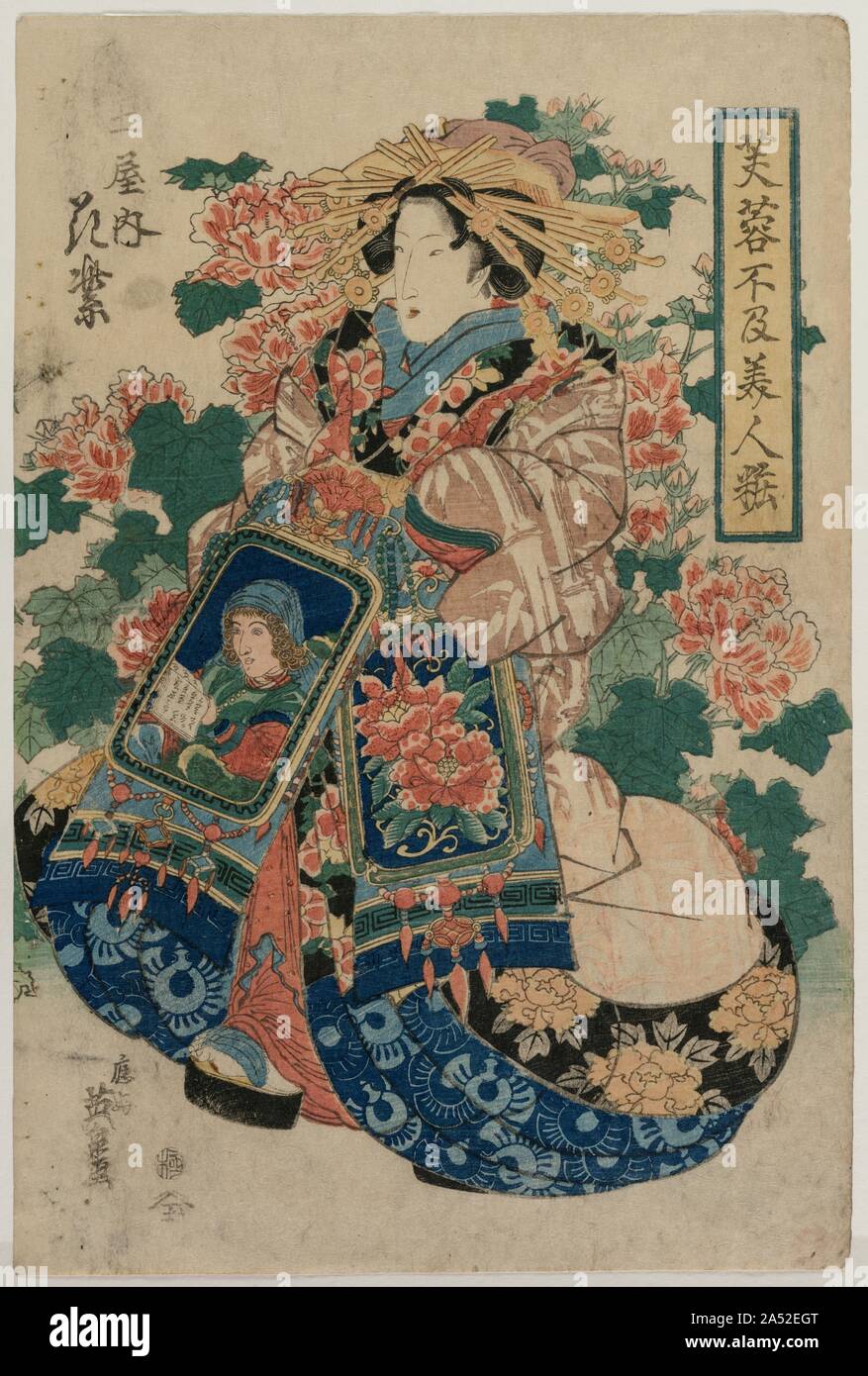 豊国木版画　【徳濱田屋版　桜花美人之図】新額装仕立　（日本美術振興協会認定書） 豊国木版画 【徳濱田屋版 桜花美人之図】新額装仕立 （日本美術