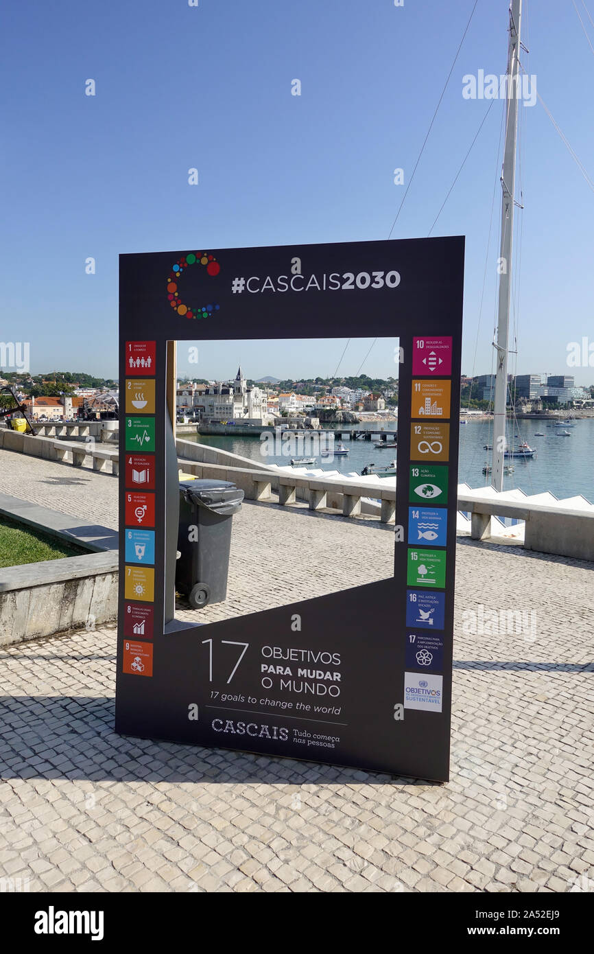 Cascais City Council signed a public commitment to the UN Sustainable Development Goals This Is A Selfie Frame In Cascais Advertising This. Stock Photo