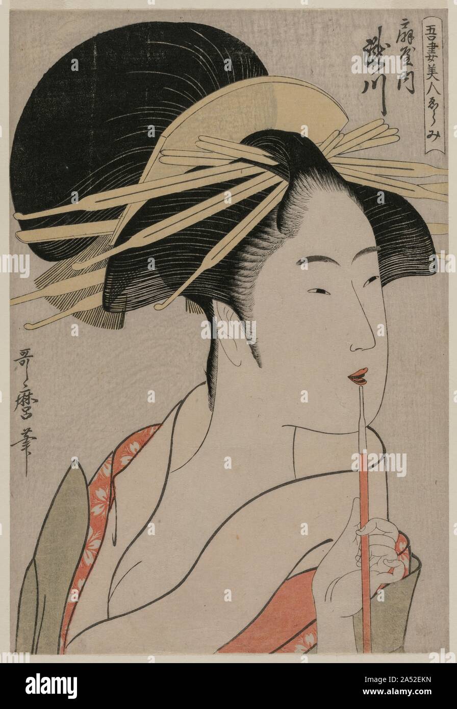 The Courtesan Takigawa of Ogiya (from the series A Selection of Beautiful Women of the East), c. 1798. The courtesan Takigawa worked for the Ogiya, &quot;House of Fans&quot; brothel, one of the most prestigious in the Yoshiwara. Here, she smokes tobacco, a fashionable trend in 18th-century Edo. Fashion-conscious women in Edo purchased prints of the most famous beauties just as contemporary women buy fashion magazines to learn about the latest styles in make-up and hair. The strands of hair at her temple were printed from thin pieces of wood left in relief when the areas on either side of them Stock Photo