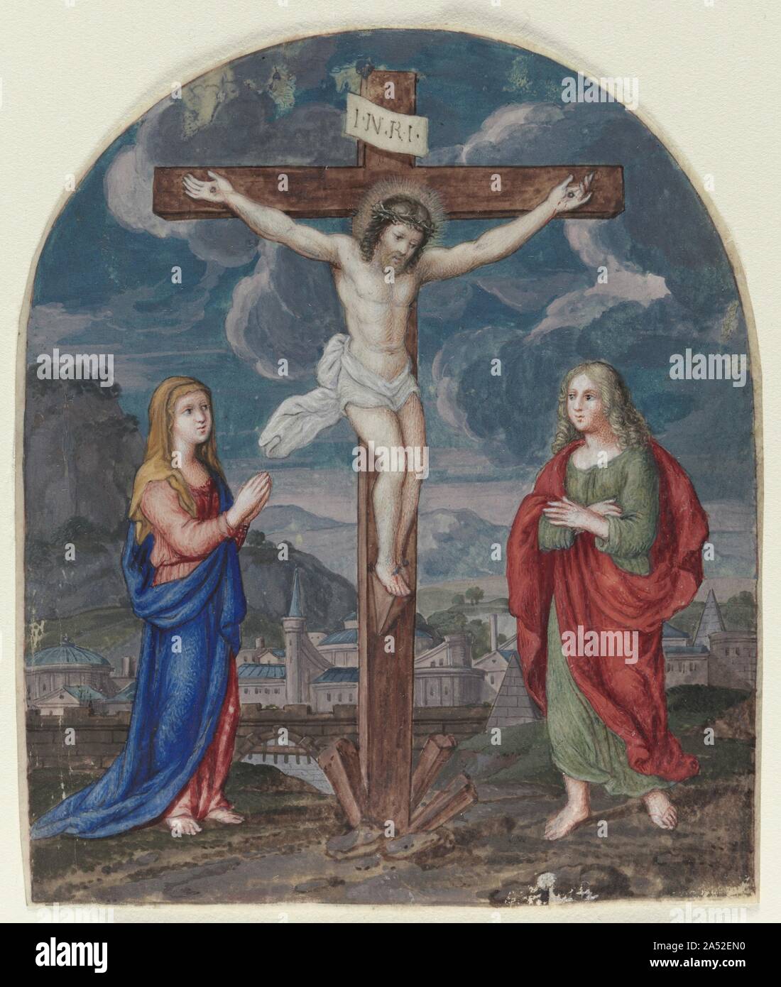 The Crucifixion: Miniature Excised from a Prayer Book, c. 1540-1550. The illuminator is unknown, but his style seems to conform to that known as &quot;Antwerp Mannerism.&quot; It emerged among a group of Antwerp painters during the first half of the 1500s. Bolstered by its rich trade and cultural contacts, the port city of Antwerp attracted hundreds of artists-many of them from northern France, the Rhineland, and especially Holland-who joined the local painters&#x2019; Guild of Saint Luke, established large painting and sculpture workshops, and fed an expanding market for the production and ex Stock Photo