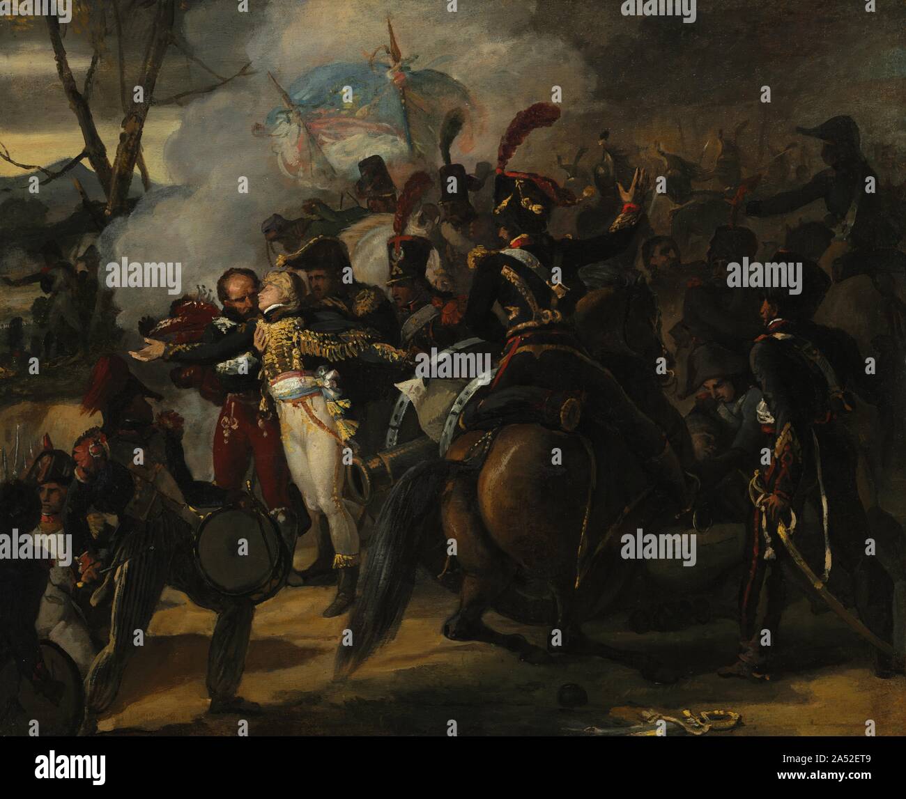 The Death of General Colbert, c. 1809/1810. In 1809, the popular young French military hero General Auguste Colbert died at a battle in Spain. The following year, Schnetz depicted the moment of Colbert's death. This is the study for a much larger painting exhibited at the Paris Salon, but now lost. The exploits of Napoleon and his army were popular subjects for French artists whose work was shown in official exhibitions. Stock Photo